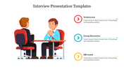 Colorful illustration of two people sitting at a table, with text bullets outlining the interview process with icons.