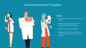 Nursing slide with three nurse illustrations and a caption area for text, designed on a blue background.