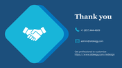 Blue background thank you slide with handshake icon in blue diamond shape with phone, email, and redesign link to the right.