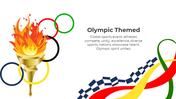 Olympic-themed PowerPoint slide with a flaming torch and  five rings, with a text describing global sports with ribbons.