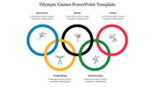 Olympic Games PPT template, featuring five interlocking rings with placeholders for text and icons for respective games.