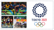 Multiple sports scenes from the Tokyo 2021 Olympics, including hurdle races, running, and cycling, with the Tokyo logo.