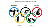 Five Olympic sports are illustrated with icons each placed within the colorful Olympic rings.