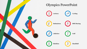 Olympics PPT slide with icons for various sports like archery, badminton, athletics, with a abstract figure of a runner.