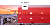 Airplane at an airport with a red overlay containing icons and text, set against a sunset sky.