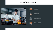 Slide showcasing a chef in a busy kitchen with flames, highlighting menu categories like starters and side dishes.