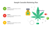 Three-step cannabis marketing plan with numbered captions and visuals of a cannabis leaf, bottle, and capsules.