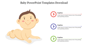 Illustration of a smiling baby lying on the left and three circular icons in red, blue, and green with captions on the right.