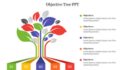 Colorful objective tree diagram slide with numbered roots and branches with corresponding text descriptions on the right.