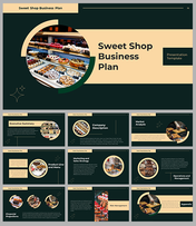 A pack of sweet shop business plan slides featuring an array of desserts displayed in a showcase on a green backdrop.