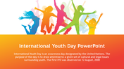 Silhouettes of joyful young people in vibrant colors, set above an orange gradient background celebrating youth day.