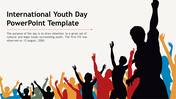 Colorful silhouettes of raised hands on a white background, celebrating International youth day, with text.