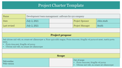 Project charter slide displaying project name, sponsor, manager, and scope details in a structured table format.