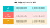 OKR slide with colored sections for objectives, key activities, and results, each with placeholder text and icons.