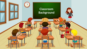 Classroom background slide featuring children sitting at their desks, facing a green chalkboard with a title text.