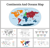 Collection of slides with white backgrounds, showing colorful continents and major oceans labeled clearly.