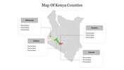 A  county map of Kenya, highlighting specific regions having four  textboxes for detailed presentation.