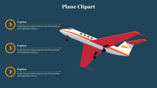 Illustration of a red and white plane, with three yellow icons and text in white aligned vertically on a blue background.