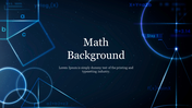 Slide with illuminated mathematical symbols and shapes with a bold title text and a caption area on a dark blue background.