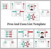 Pros and cons list template showing  slide deck designs with pros in green and cons in red.