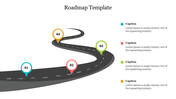 Curved roadmap slide with four color coded milestones numbered 1 to 4, each labeled with captions on the right.