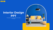 Interior design cover slide deck featuring a stylish living room with a blue wall, gray sofa, and yellow cushions.