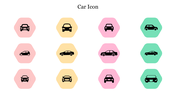 Twelve black car icons in hexagonal shapes, colored in pastel shades of pink, yellow, purple, and green.