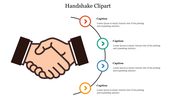 Illustration of two hands shaking with four colored captions arranged in a curve on the right side for text descriptions.