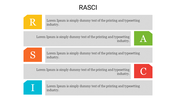 Color coded RASCI chart featuring labeled blocks in yellow, green, orange, red, and blue, with explanatory text.