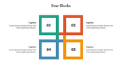 Four square blocks in green, red, yellow, and blue interlocked in a grid layout,  each labeled with number and captions.