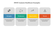 SWOT analysis template for healthcare featuring icons of a dumbbell, broken link, upward arrow, and warning symbol.