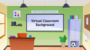 Cartoon-style virtual classroom setup background slide with educational elements and an alphabet chart with title text.