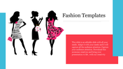 Fashion slide featuring three silhouettes of women in stylish outfits, with a placeholder text box on the right.