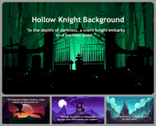 Slide deck of hollow knight background  with a dark, eerie forest and gate. below, three smaller images with quotes.