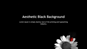 Aesthetic background slide with a black backdrop, highlighting a daisy and a red ladybug in the bottom corner and text area.