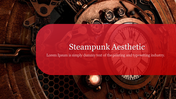 Mechanical gears and clock in a steampunk aesthetic in the background with a red overlay containing text in the center.