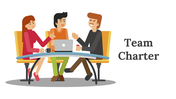 Slide deck featuring a team of three people collaborating around a table, with various colorful charts and diagrams.