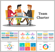 Slide deck featuring a team of three people collaborating around a table, with various colorful charts and diagrams.