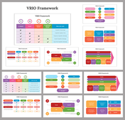 VRIO framework slide deck with colorful tables and flowcharts illustrating strategic resource evaluation.