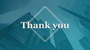 Thank you slide with a diamond frame at center with a phrase Thank you over a teal colored corporate background.