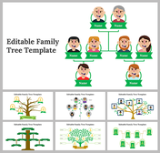 Slide deck featuring family tree with cartoon faces, green banners for names, and multiple tree layout designs.