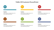 Table of contents slide featuring six numbered sections with colorful lines and placeholder text for each topic.