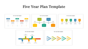 Colorful grid layouts of various slides of five year plans featuring colorful timelines, arrows, and milestones.