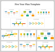 Colorful grid layouts of various slides of five year plans featuring colorful timelines, arrows, and milestones.