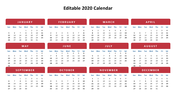 Editable 2020 Calendar PowerPoint Template For Slides