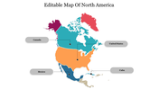 Map of north america slide showing canada, the united states, mexico, and cuba, with colored sections and label boxes.