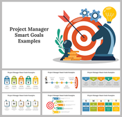 Collection of slides featuring illustrations like a target, chess piece, and goals in colorful layouts.