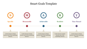 SMART goals slide with five elements each represented by colored icons and placeholder text.