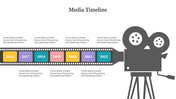 Media timeline slide with a film reel showing key years from 2016 to 2022 in colorful frames along a filmstrip.