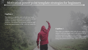 A motivational slide showing a person walking on a path in nature, raising their fist in triumph, with two caption areas.